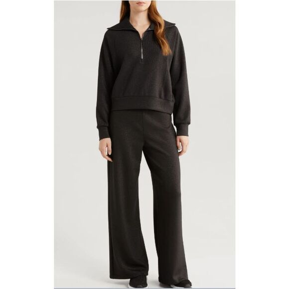 Spanx AirEssentials Shine Half Zip Sweatshirt- Very Black / Silver Shimmer Size - Picture 1 of 12